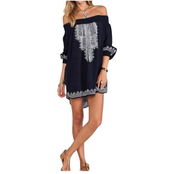 REVOLVE x TULAROSA Women's Navy Blue Off-Shoulder Embroidered Top Mini Dress - Picture 1 of 13